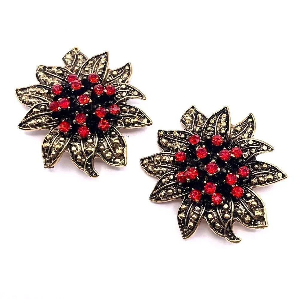 Yellow Gold with Red Crystal Sunflower Post Back Earrings